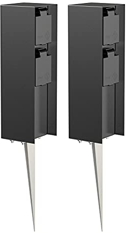 ledscom.de 2 Stück Garten-Steckdosen-Säule POMI mit Erdspieß für außen, IP44, 2-Fach, schwarz, eckig, 23cm