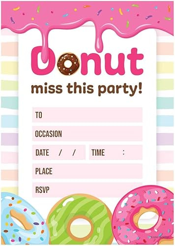 Kirsten McMillan 32 Donut Birthday Party Invitations for Kids with Envelopes - Pack of 32 Donut Party Invites for Girls & Boys - Designed and Printed in the UK