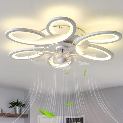 Fiore Ventilatore Da Soffitto Con Luce E Telecomando, Lampadario Ventilatore Silenzioso LED Dimmerabile , Plafoniera Con Ventilatore 6 Velocità DC Funzione Di Memoria Per Camera Da Letto, Bianco