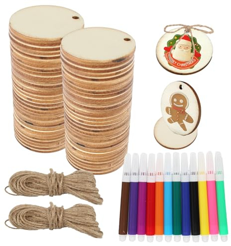 60 Piezas Placa de Madera Redonda, Discos de Madera Sin Acabado con Cordel y Rotuladores de Colores, Discos Redondos de Madera Natural para Decoración, Bricolaje, Pintura