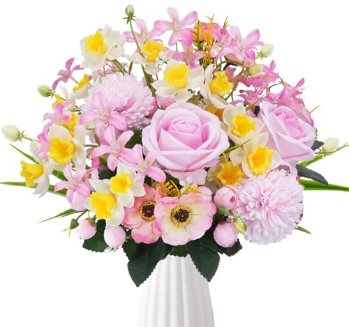 HUAESIN Flores Artificiales de Seda Rosas Artificiales Flores Artificiales decoración peonía Falsa Boda Flores para Exterior balcón Maceta habitación jardín Interior Exterior decoración