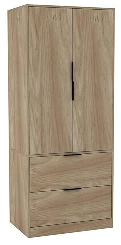 URBNLIVING 2 Door 2 Drawer Minimalist Bedroom Oak Wardrobe Storage & Hanging Rail Modern Furniture with Clothes Shelf for Home Organiser Unit 179cm H x 74cm W x 50cm D