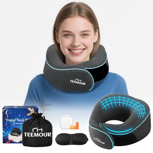 Travel Pillow for Adults,Memory Foam Airplane Pillow with 360 Neck Support, Includes Storage Bag, Eye Mask, Ear Plugs, Adjustable Travel Pillow for Long Flights,Train,Car & Business Trips(Dark Grey)
