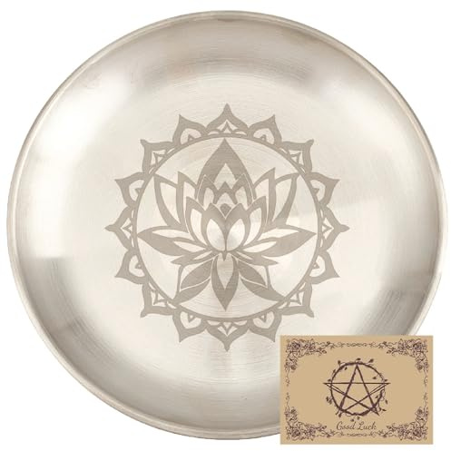 CREATCABIN Lotus Altar Ritual Plate Dish Stainless Steel Flat Bowl Round Silvery Tray Offering Bowl Dish Candle Holder for Smudging Incense Burner Jewelry Dowsing Divination 5.55Inch