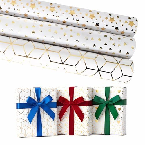 Lot de 3 Rouleaux de Papiar Cadeau, Rouleaux de Papier d'Emballage Doré, rouleaux de papier D'emballage Cadeau de 43cm x 3m avec Autocollant et Carte cadeau, emballage cadeau papier pour Noël Vacances