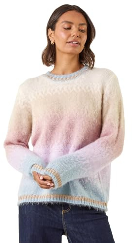 Roman Fluffy Yarn Jumper for Women UK Ladies Thick Sweater Warm Cosy Chunky Knitted Pullover Winter Furry Casual Smart Textured Everyday Cuddly Soft Knitwear - Neutral - Size 14