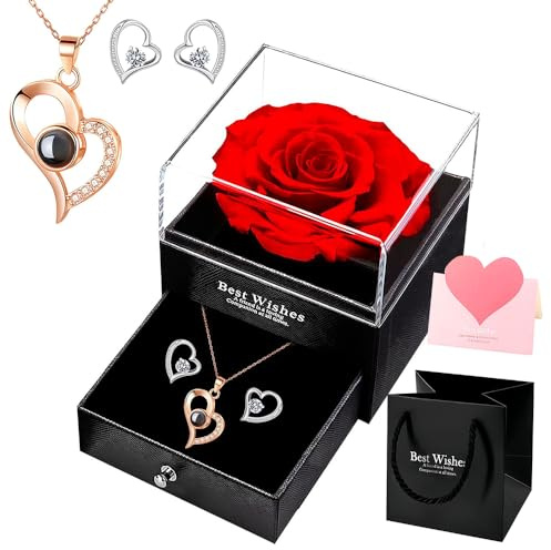 RNPKZ Preserved Real Rose Gift Box, Eternal Rose Gifts with Necklace & Earrings, Forever Preserved Rose Gifts for Mum Mother Women Wife Girlfriend on Mothers Day Birthday Anniversary Valentines Day