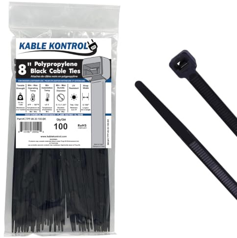 Kable Kontrol Polypropylene Cable Ties – 8 Inch 30 Lbs 100 Pcs PP Zip Ties – Chemical, UV, Temperature & Moisture Resistant Food Safe Lightweight Ties for Marine, Automotive Use - Black