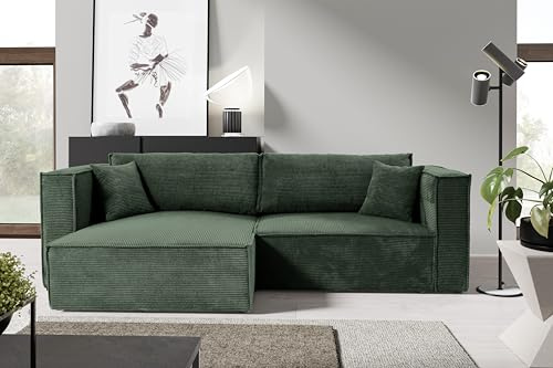 Furnisell KEYMON Cord Ecksofa mit Schlaffunktion und Bettkasten, Schlafsofa mit 200 x 136 cm Liegefläche (Grün)