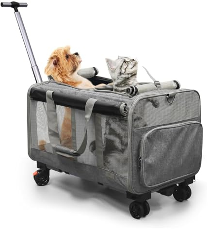 2-in-1 Removable Compartment Pet Stroller Accommodates Two Pets, Wheeled Foldable pet Carrier with Enhanced Ventilation—Includes cat Teaser Wand and Storage Strap (Grey)