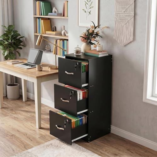anrekl Cajonera Oficina, Cajonera Escritorio con 3 Cajones Cerradura y Llaves, Multiusos Armario Archivador con Barras Colgantes para Oficina Escritorio Casa,103.5cm Alto, Negro