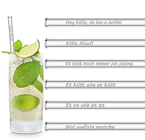 Köln Geschenk Glasstrohalme Lustige Sprüche | 6x 20cm Strohhalme Köln Karneval Geschenkset mit gravierten Sprüchen | Cocktail Set Kölle Alaaf