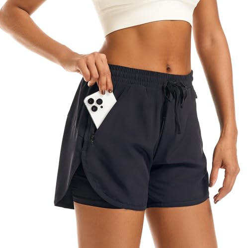 APWKL Women's 2 in 1 Running Shorts Athletic Workout Gym Zipper Pockets Black L