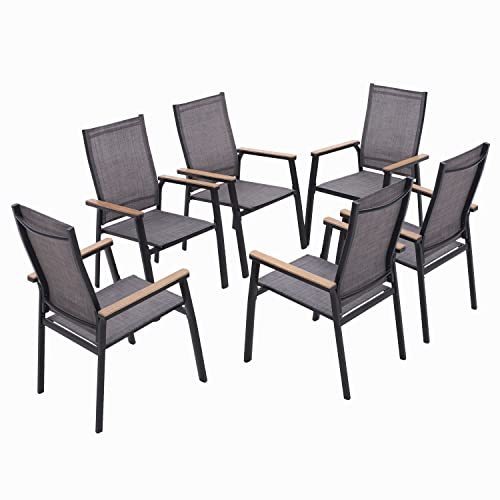 MFSTUDIO Gartenstuhl 6er Set Aluminium, Textilene Balkon Stühle Stapelbar mit Handlauf mit Holzmaserung, Outdoor Sessel für Terrasse, Balkon, Veranda, Wetterfest
