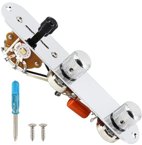 Domofa Loaded Guitar Control Plate for Telecaster Electric Guitar Prewired 3 Way Switch 500K Potentiometers Tone Volume Knob with Wiring Harness (Chrome)