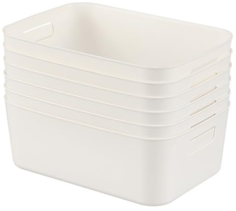 Tstorage Plastic Open Storage Bins for Cupboards, Plastic Storage Baskets with Handles, White, 6 Packs
