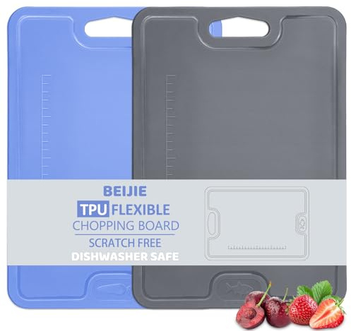 Chopping Board Set of 2, TPU Flexible BPA Free Chopping Boards with Juice Groove, Scale and Handle, Double-Sided Non Slip Dishwasher Safe Cutting Board Set, for Vegetables Meat Fruit Pizza, Blue Grey