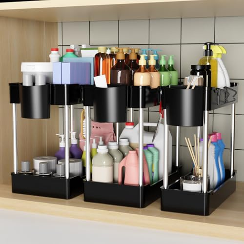 Altdnmaf 3 Pack Under Sink Organiser for Kitchen Storage & Organisation, 3 Sizes Cleaning Cupboard Organiser, Undersink Bathroom Cabinet Storage Organizer with 3 Hanging Cup and 4 Hooks, Black