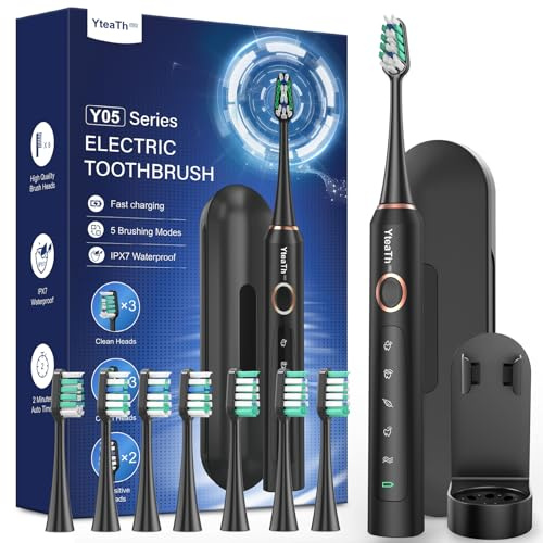 Spazzolino Elettrico Sonico per Adulti Bambini - Spazzolino Denti con 8 Testine e Custodia da Viaggio, 5 Modalità, Impermeabile IPX7, Spazzolino Elettrico da Viaggio Ricaricabile, Nero Profondo