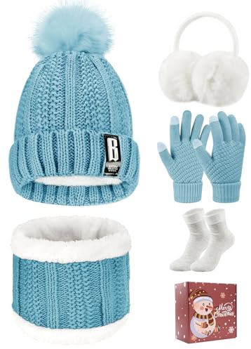Tuopuda Gorro Bufanda de punto Set Invierno con Guantes de Pantalla Táctil Orejeras de Cálida Calcetines de Forro 5 en 1 Conjunto de Bufanda, Azul con caja de regalo