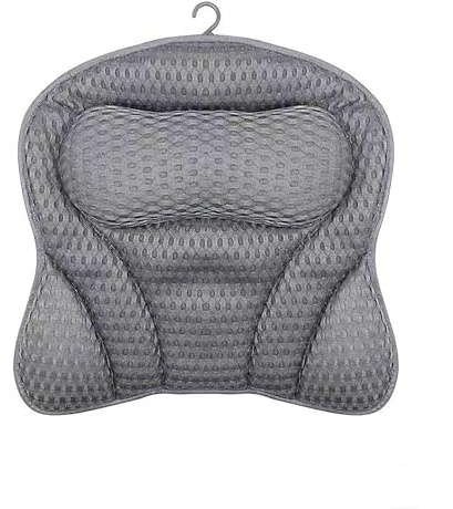 Almohada de Baño,Malla 4D Almohada de Baño y 6 Ventosas Almohada Bañera Cojin Bañera Antideslizantes para Bañera de Hidromasaje Gris