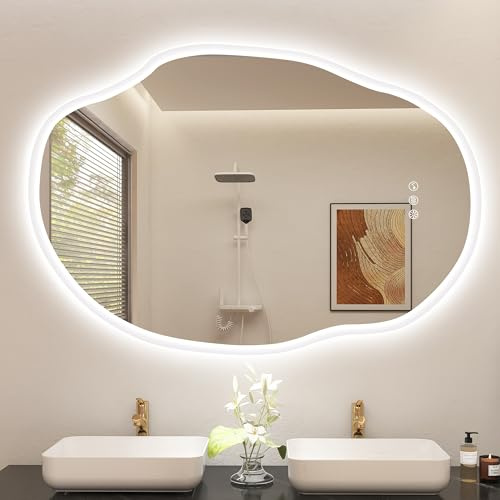 S'bagno Irrégulier Miroir Salle de Bain avec Eclairage 70x100cm, Bluetooth Miroir LED Salle de Bain, Anti-buée, 3000K-6500K, Dimmable, Mémoire, IP44 Miroir Lumineux Salle de Bain, Horizontal/Vertical