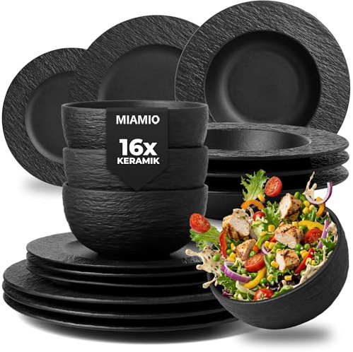 MIAMIO – Set di stoviglie da 16 pezzi/Stoviglie moderne in ceramica/Stoviglie da tavola/Set per 4 persone - Collezione Oasis (Nero, 16x)