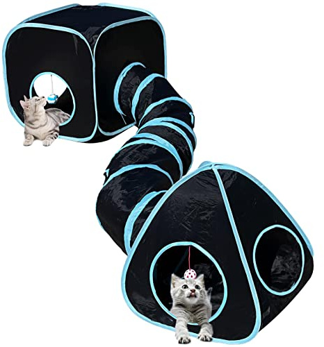 GONPETGP Cat Tunnels for Indoor Cats with Cube Tent Toys Combo, Pop Up Collapsible Crinkle Interactive Peek Hole, Cat Tube with Play Ball and Bell for Kitten, Puppy, Kitty, Rabbit - Set of 3