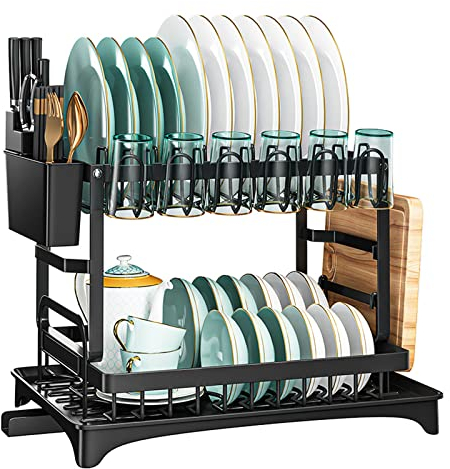 HOMCENT Abtropfgestell mit Abtropfschale, 5 in 1 Geschirrtrockner, zweistufiger Geschir Organizer mit Becherhalter, Utensilienhalter und Schneidebretthalter Geschirrständer Kohlenstoffstahl