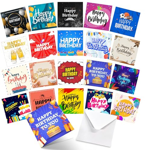 SOL 20pk Birthday Cards for Men with Envelopes - 15 x 15cm