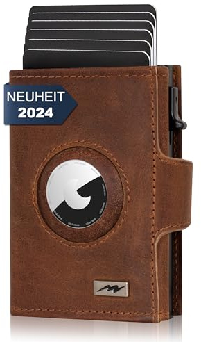 Marc Peter® Chicago Leder Push Air Slim Wallet - Airtag Geldbörse mit Münzfach - RFID Schutz kleines Mini Portmonee Leder Bräune XL MÜNZFACH