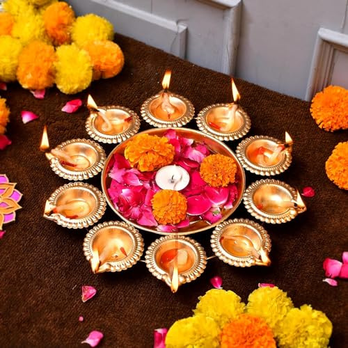 ZIG ZAG Handgjord Urliskål i metall med (10 diyas) för flytande blommor och värmeljus – perfekt för hem, bröllop, kontor och bordsdekor, Diwali och juldekorationer 30 cm, guld
