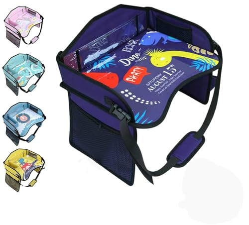 Amoilly Bandeja de viaje para asiento de coche para niños, mesa de actividades con bolsillos laterales, correa ajustable