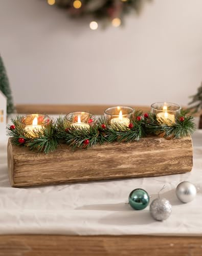 Candle Holder for Christmas Table Decoration: Romadedi 35cm Yule Log Tea Light Candle Holders with Wreaths for Xmas Dinner Centrepiece Indoor Decor Gift