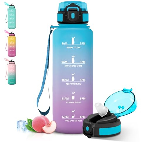 Grsta Gourde 1,5l, Bouteille Motivationnelle, Anti Fuite Gourde Sport avec Marqueur de Temps, Verrou de Sécurité, Gourdes avec Paille pour Voyages, Bureau, Cyclisme