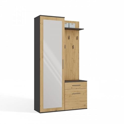 CDF Armario Recibidor con Espejo Corredero Perchero Panel Ganchos Estante Zapatos Cajón, Mueble Pasillo Diseño Bicolor Antracita Roble Artisan Contraste Moderno, Dimensiones 35x50x180 cm, Peso 63kg