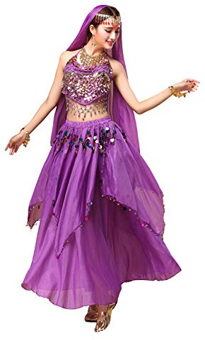 ORIDOOR Women Belly Dance Dress Set Crop Top Padded Bra Top Sparkling Belly Dance Chiffon Skirts with Coins 5-Piece Outfit 02 Purple …