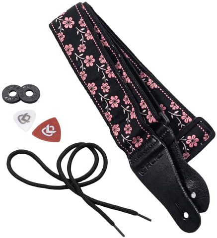 KLIQ Vintage Woven Guitar Strap for Acoustic and Electric Guitars + 2 Free Rubber Strap Locks, 2 Free Guitar Picks and 1 Free Lace | '60s Jacquard Weave Hootenanny Style | Pink Wildflower