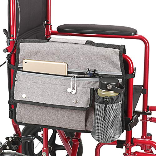 HSGEZUOQI Wheelchair Storage Bag, Double-Sided Armrest Pouch with Cup Holder and Reflective Strip, for Wheelchairs and Walkers (Gray)