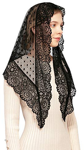 Wgior Triangle Vintage Inspired Lace Chapel Veils Catholic Mass Head Covering Scarf Mantilla Veils for Church (Black)