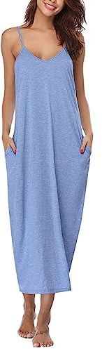 Marvmys Womens Long Cotton Nightshirt Loose Sleeveless Maxi Nightgown Summer House Dress with Pockets Blue