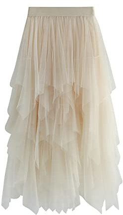 Damen Rock Tüll Unregelmäßig Unterrock Lagenrock Ballett Tutu Abschlussball Party Faltenkleid A-Linie Midirock High Waisted Rock (Aprikose, Einheitsgröße)