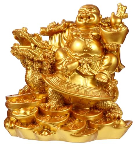 IMIKEYA Golden Laughing Buddha Statue Feng Shui Buddha On Dragon Turtle Ornaments Resin Maitreya Figurine for Wealth And Good Luck New Year Home Office Decoration