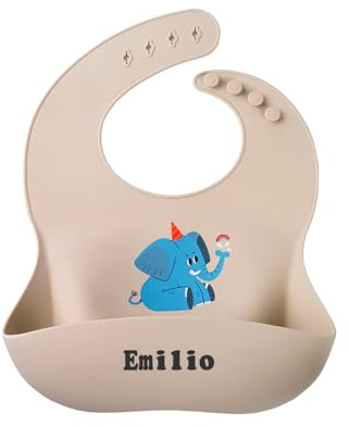 TYRY.HU Babero de Silicona Impermeable Personalizado para Bebé con Nombre,Bolsillo Lavable Babero Recogedor Flexible y Suave Babero Grande y Ajustable para Niño Niña