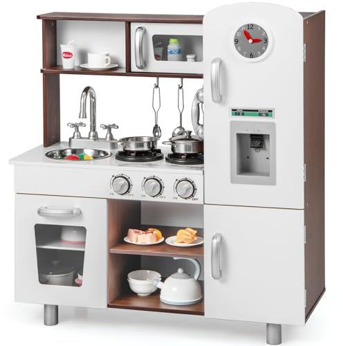 GYMAX Wooden Play Kitchen - Kids Toy Kitchen with Microwave, Fridge, Water Dispenser, Telephone, Oven, Cookware, Clock & Stove Pretend Playset for 3 Year Old + (White + Brown)