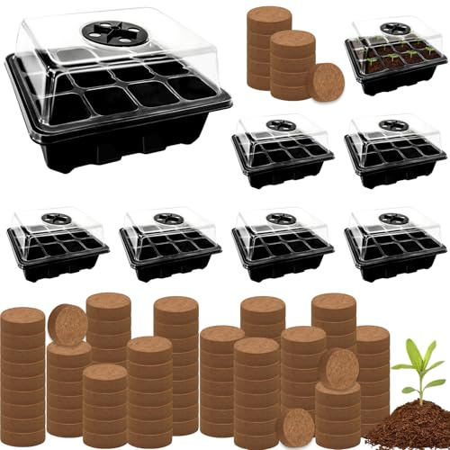 Halatool Kit de iniciación de semillas, 8 unidades, 96 celdas, bandeja de inicio de semillas negras con 100 pellets de turba para plántulas, cápsulas de tierra orgánicas para semillas, cultivar