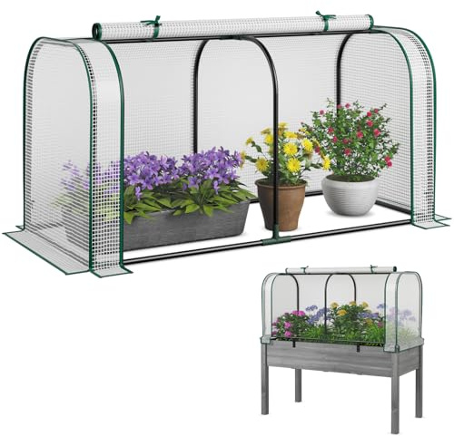 COSTWAY 2 in 1 Mini Gewächshaus, PE-Abdeckung für Hochbeet, Treibhaus mit aufrollbarer Reißverschlusstür, Foliengewächshaus Metallrahmen, Pflanzenhaus wetterfest für Balkon Garten, 118x55x60 cm (Weiß)