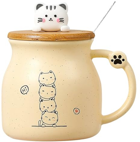 Taza de regalo de gato taza para niños - Taza de cerámica con tapa Cuchara de acero inoxidable, taza de café, taza de té, regalos divertidos para mujeres, lindas tazas lindas amigas