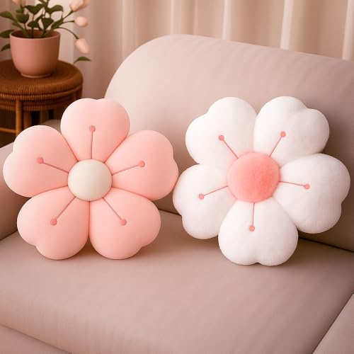 HOVCEH Daisy Pillow, 2 Pack Flower Pillow, 35cm Cute Flower-Shaped Floor Cushion, Pink + White Preppy Cushion Room Decor for Bedroom,Sofa, Couch