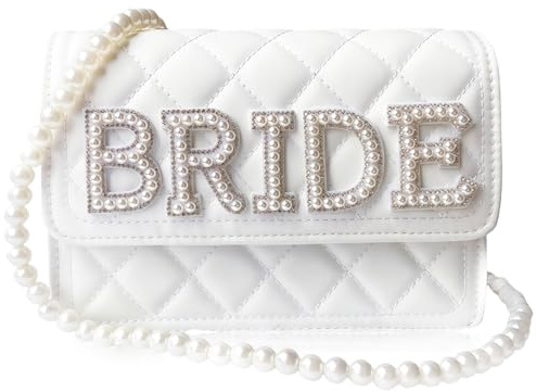 Shimmerz Wifey Gift Wife Bride White Leather Bag with Pearl Chain Evening Bag for Wedding Gift
